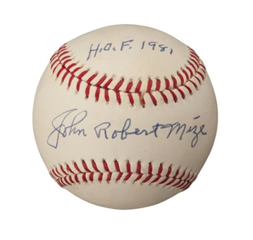 Johnny Mize Official Bobby Brown Baseball Signed "John Robert Mize" With HOF 81 Inscription